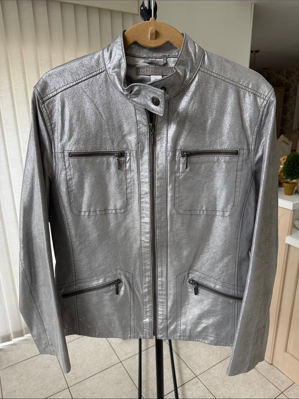 Chico's “Vintage” Metallic Silver Zip-Front Leather Jacket